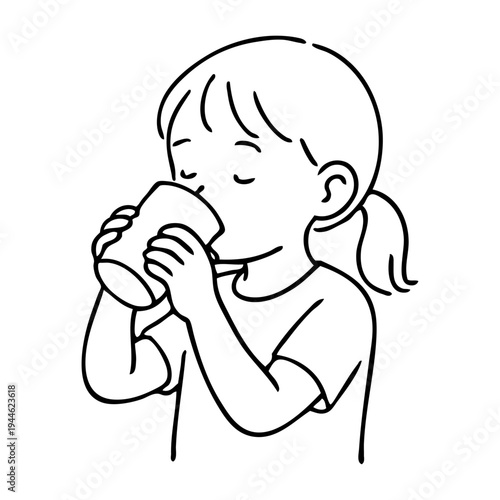 Dibujo sencillo con líneas de una niña bebiendo un vaso de leche, sujetándolo con las dos manos 