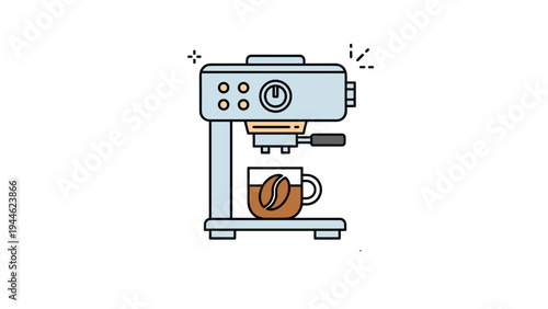 Modern espresso coffee machine illustration brewing a hot cup of coffee with a large bean icon on the ceramic mug.