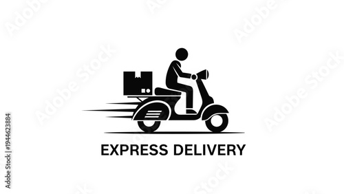 Express delivery service icon featuring a black silhouette of a person riding a scooter with a package box on white.