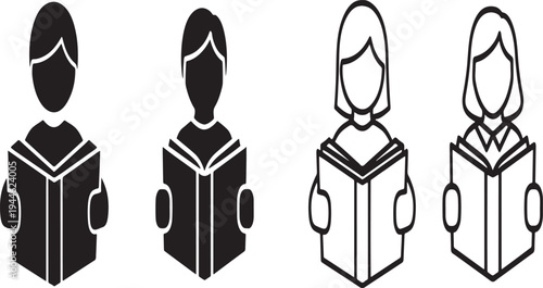Set of Minimalist Reader Icons: Male and Female Reading Books in Glyph and Line Art Style
