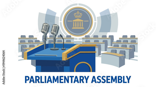Illustration of a parliamentary assembly hall with a podium and microphones in the foreground, and rows of seats in the background.