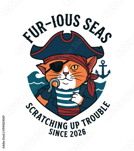 Cute cartoon pirate cat character with eye patch wearing a hat holding a hook posing with ocean waves in the background designed for fun adventurous purposes and novelty creations T-shirt Design