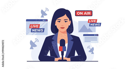 A professional news anchorwoman sits at a desk with a microphone, reporting live news with graphics and satellite dishes in the background.