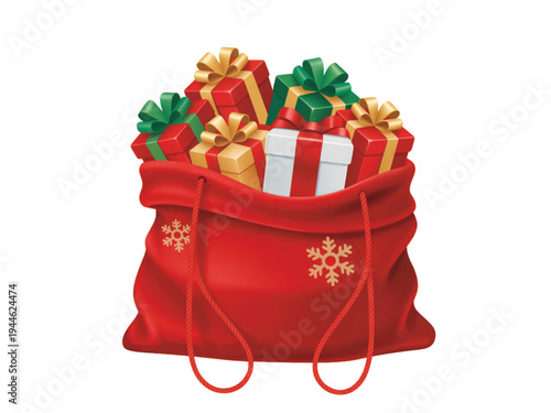 A festive red sack adorned with golden snowflakes is completely filled with many colorful Christmas presents