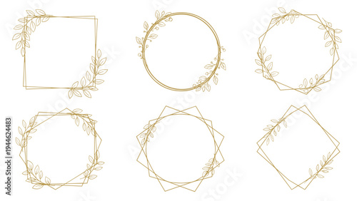 Elegant set of gold geometric frames decorated with delicate leaves for wedding invitations, luxury branding, and sophisticated card designs.