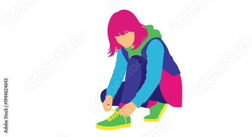 Young woman with pink hair tying shoelaces on green sneakers, modern casual style