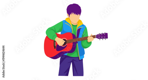 Teenage boy playing acoustic guitar, flat illustration