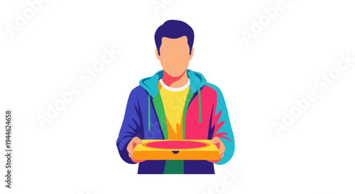 Delivery man holding pizza box, fast food service, modern flat illustration
