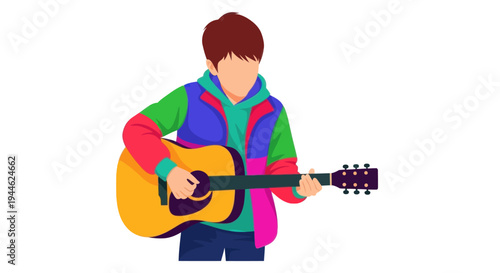 Young Person Playing Acoustic Guitar, Colorful Jacket, White Background, Flat Design