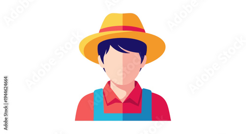 Farmer Icon Flat Design: Man with Straw Hat and Overalls
