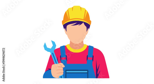 Construction worker holding a wrench, wearing hard hat and overalls, isolated on white