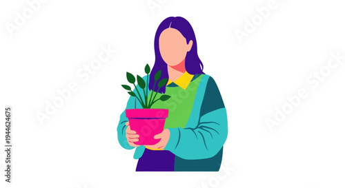 Woman Holding Potted Plant, Flat Illustration, Greenery, Home Decor