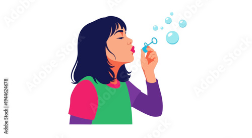 Young Girl Blowing Bubbles Outdoors - Happiness and Childhood Fun