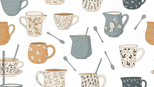 Charming seamless pattern featuring various mugs, teacups, and pitchers decorated with delicate leaves and floral patterns in earthy tones.