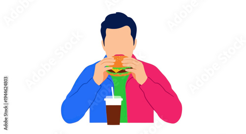Man eating burger and drinking soda, flat illustration, fast food concept