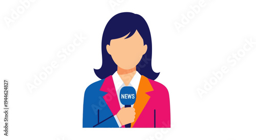 Female reporter holding microphone with NEWS logo, broadcasting live, isolated on white background.