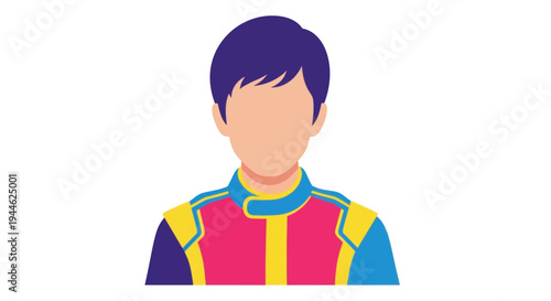 Racing driver portrait, flat design, colorful uniform, isolated on white background