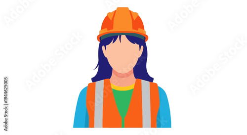 Female construction worker in hard hat and safety vest, flat illustration