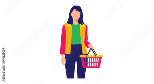 Woman with Shopping Basket - Flat Vector Illustration