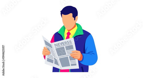 Man in Colorful Jacket Reading Newspaper on White Background