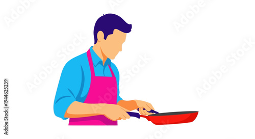 Man cooking in a pan with apron, flat illustration, chef preparing food