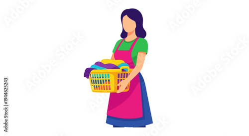 Woman with laundry basket, clean clothes, domestic chores, flat design illustration.