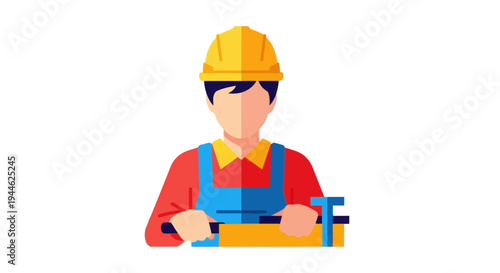 Construction worker in hard hat with tools, flat illustration, isolated on white background