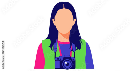 Young Woman Photographer with Camera Around Neck, Vector Illustration
