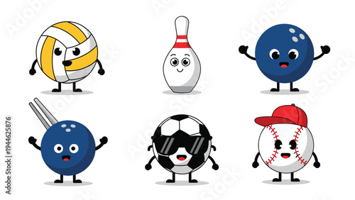 Group of cute sports ball characters including a volleyball, bowling pin, and soccer ball smile with joy.