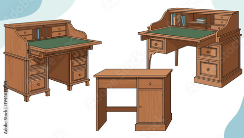 Selection of traditional wooden desks includes roll top styles with green blotters and multiple storage drawers.