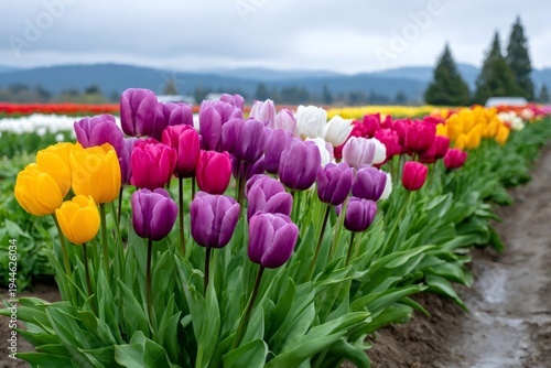 Colorful tulip flowers blooming in rows at a vibrant field
