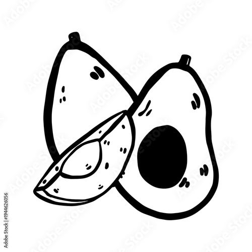 Vector doodle avocado sketch showing whole avocado and slices.
