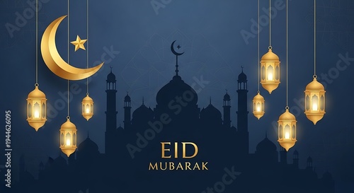 eid mubarak calligraphy with mosque silhouette in a night city skyline vector illustration