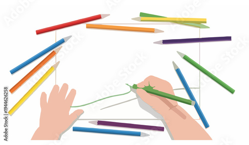 Top view baby hand drawing with green pencil colored pencils kids painting mockup vector illustration