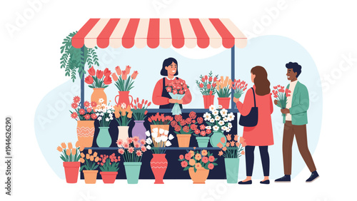 Cheerful florist serves customers at a colorful market stall filled with diverse pots and vases of flowers.