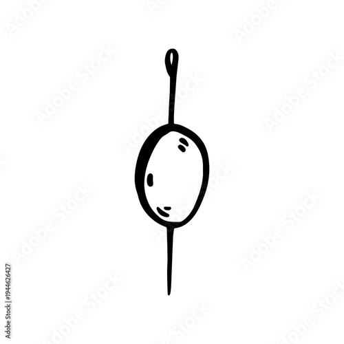 Hand-drawn doodle of an olive on a toothpick. Perfect for food designs, cocktail menus, posters, or social media. Cute and playful illustration ideal for snacks, appetizers