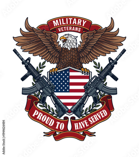 Eagle emblem with military theme featuring crossed rifles and American flag representing proud veterans and service with a detailed  of gratitude T-shirt Design