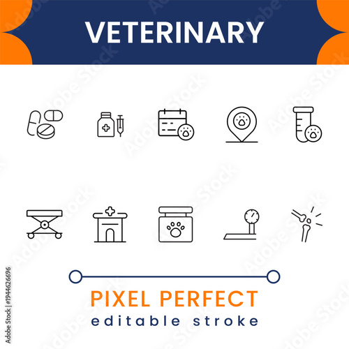 Veterinary healthcare icon collection with pet paw, animal clinic, vaccine and treatment symbols modern minimal vector design