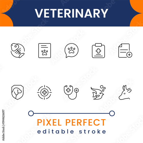 Veterinary healthcare icon collection with pet paw, animal clinic, vaccine and treatment symbols modern minimal vector design
