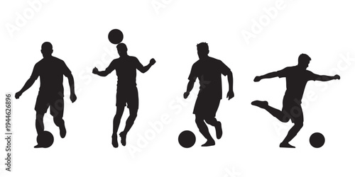 Soccer player action silhouette set. Football athlete hitting, dribbling, and heading ball. Vector sports graphics.
