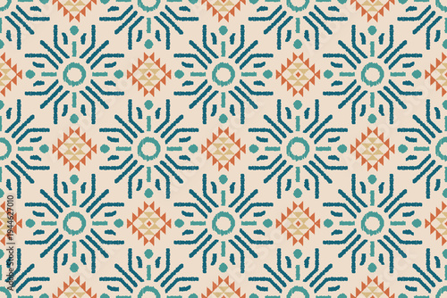 Southwestern Ikat Seamless Pattern Geometric Design.Bohemian Sunburst Tribal Background Ethnic Diamond Textile Art.Desert Style Ikat Vector Traditional Native American Print.Modern Boho Ornament.