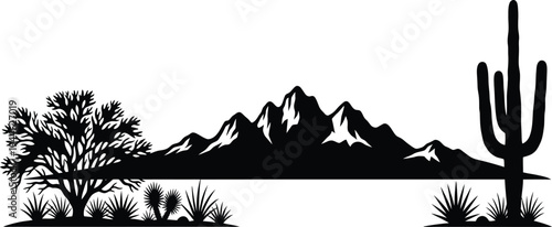 Desert landscape silhouette with cactus tree and mountains, wild western nature scene vector illustration isolated background design
