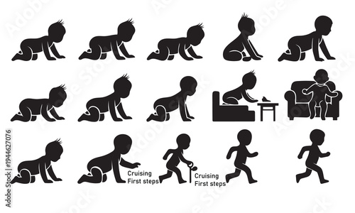 Baby motor development milestone icon set. Infant crawling, cruising, and walking toddler silhouettes. Pediatric growth stage vector sequence.