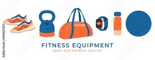 Flat vector illustration of fitness equipment including running shoes, kettlebell, gym bag, smartwatch, water bottle and yoga ball. Modern sport workout elements isolated on a white background.