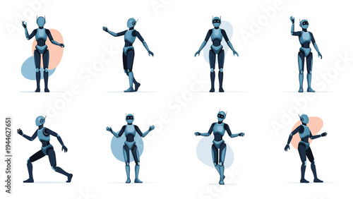 Collection of futuristic robots in various poses illustrates advanced technology and artificial intelligence.