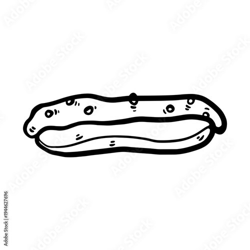 Hand drawn doodle eclair illustration. Single eclair isolated on white background. Simple outline drawing suitable for food design, packaging, branding, prints, menus