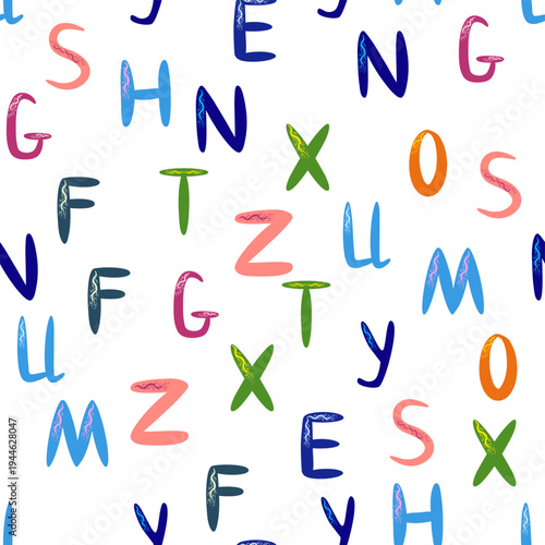 ABC seamless pattern in simple cartoon style. Cute alphabet print - hand drawn childish seamless pattern design. Digital paper.