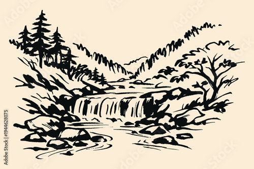 Waterfall landscape ink sketch vector illustration