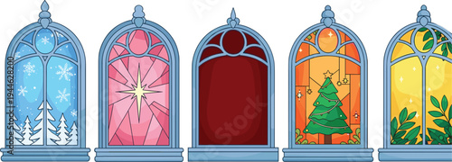 Winter Themed Stained Glass Windows with Snowflakes, Christmas Tree, and Holiday Decorations, Festive Scene Illustration