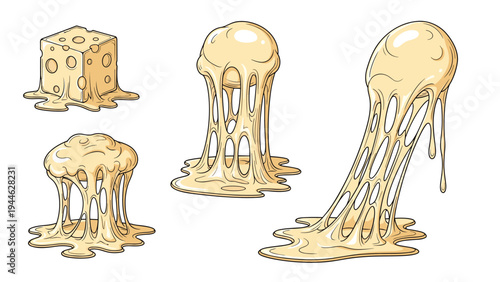 Educational food illustration showcasing the melting and stretching properties of cheese in four distinct stages on a plain background.